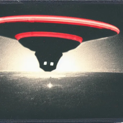 Prompt: aged polaroid photo of a UFO sighting, firing lasers at the earth, wide view, film grain, red color bleed