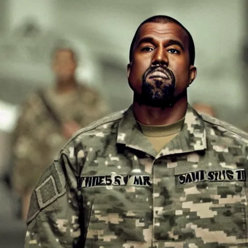 Prompt: Kanye West as a soldier in Chiraq, award winning historical photograph