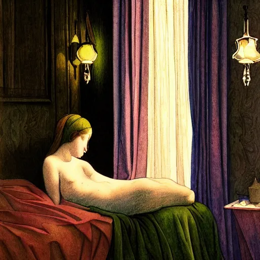 Prompt: a lonely girl in a liminal hotel room, watercolor by leon battista alberti, limited color palette, very intricate, art nouveau, highly detailed, lights by hopper, soft pastel colors, minimalist