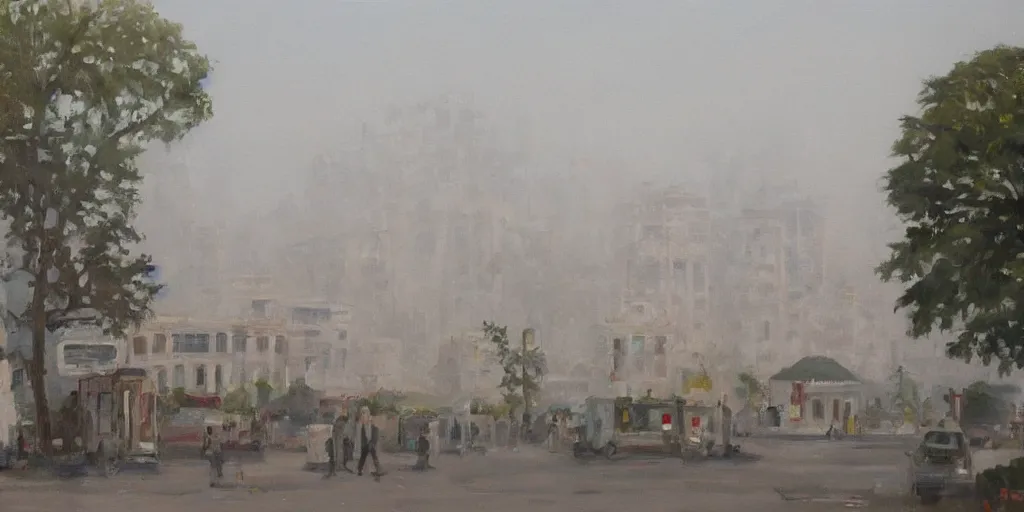 Prompt: In the foreground is a small white house, and in the background is the smoky China City, Stefan Hirsch painting style.