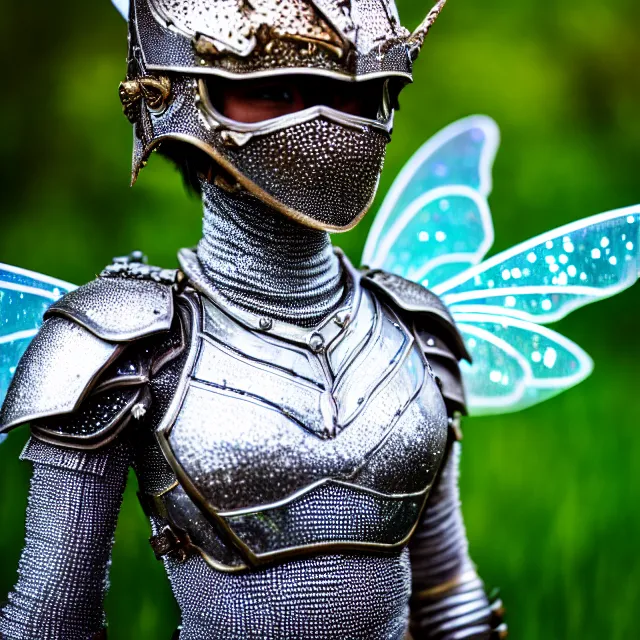 Image similar to full body photo of a fairy warrior wearing sparkly armour, highly detailed, 4 k, hdr, smooth, sharp focus, high resolution, award - winning photo