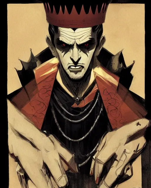 Prompt: handsome vampire king with crown, symmetrical face, evil, cinematic, dramatic, powerful, super detailed and intricate, by koson ohara, by darwyn cooke, by greg rutkowski, by satoshi kon