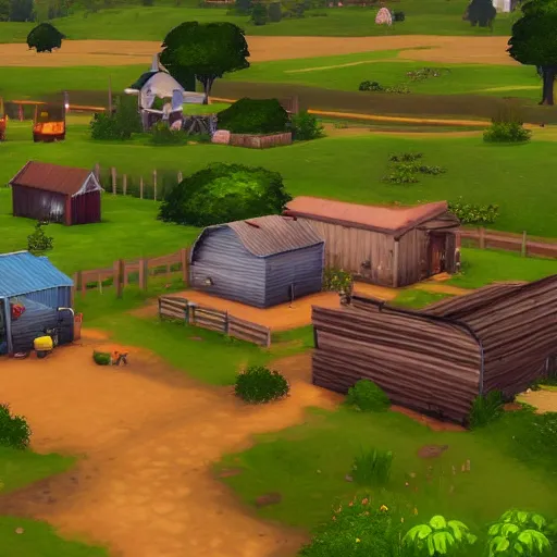 Image similar to a small vintage farm on fire in a corn field in the style of sims 4, gameplay footage