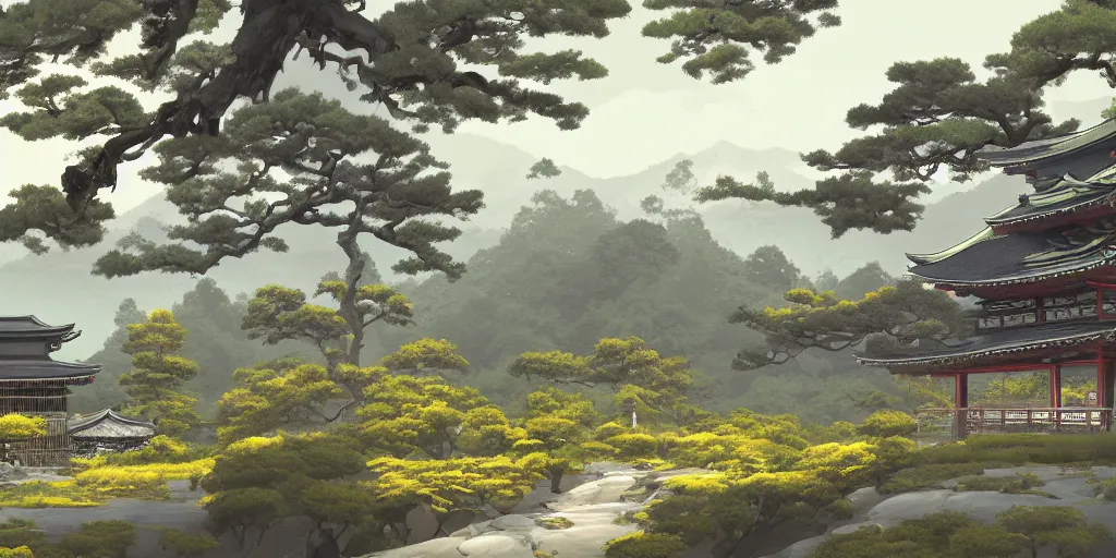 Image similar to digital painting of old japanese landscape with pagoda, curved trees and rocks, detailed, high quality, trending on artstation