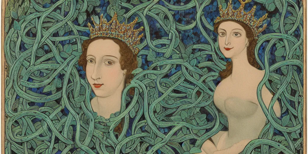 Prompt: portrait of the queen of snakes, pale blue, emerald, sapphire, wearing a crown of vines, moonlit