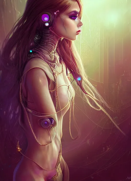 Prompt: soft lustrous ivory biotech raver clowncore madison beer gothic cyborg, earbuds, golden ratio, details, sci - fi, fantasy, cyberpunk, intricate, decadent, highly detailed, digital painting, ever after high, octane render, artstation, concept art, smooth, sharp focus, illustration, art by artgerm, loish, wlop