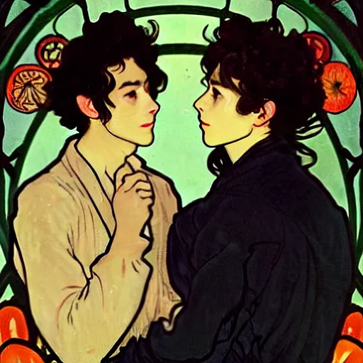 Image similar to painting of young cute handsome beautiful dark medium wavy hair man in his 2 0 s named shadow taehyung and cute handsome beautiful min - jun together at the halloween! party, bubbling cauldron!, candles!, smoke, autumn! colors, elegant, wearing suits!, delicate facial features, art by alphonse mucha, vincent van gogh, egon schiele