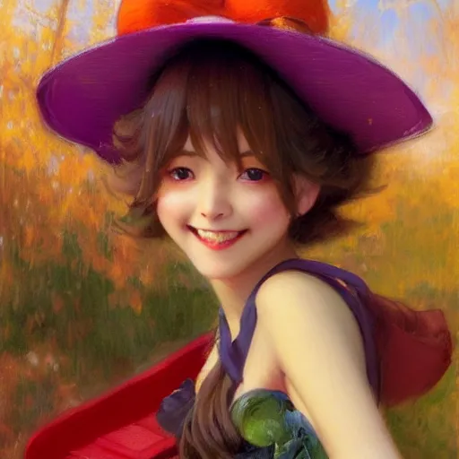 Image similar to a detailed portrait of a cute anime girl on swing, wearing a purple and red dress, wearing a orange hat, smiling coy, painting by gaston bussiere, craig mullins, j. c. leyendecker