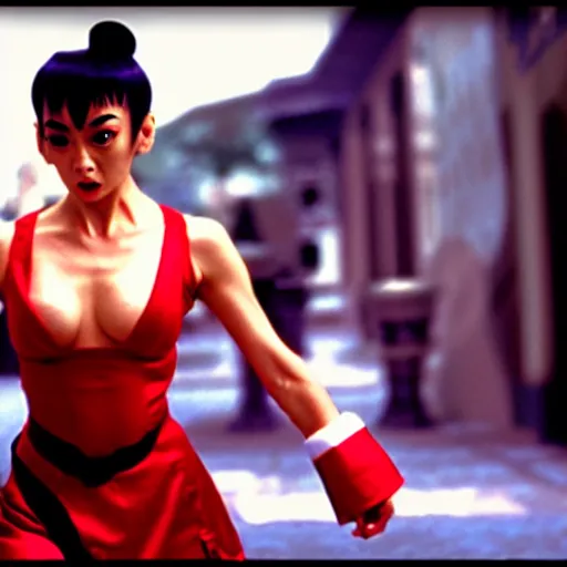 Prompt: mr. bean as chun li from the streetfighter movie. movie still. cinematic lighting.