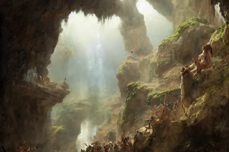 Prompt: stone age rave in a cave, digital art by eugene de blaas, ross tran, and nasreddine dinet, intricately detailed, in the style of romanticism, cinematic, artstation, greg rutkowski