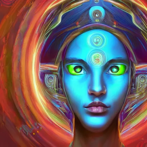 Image similar to portrait of a future metaverse Ayahuasca tech shaman warrior, 2D cartoon, visionary art, symmetric, Magick symbols, holy halo, shipibo patterns, sci-fi, concept art, trending on art station, 8k digital art, by Mandy Jurgens, fantasy portrait art, anime