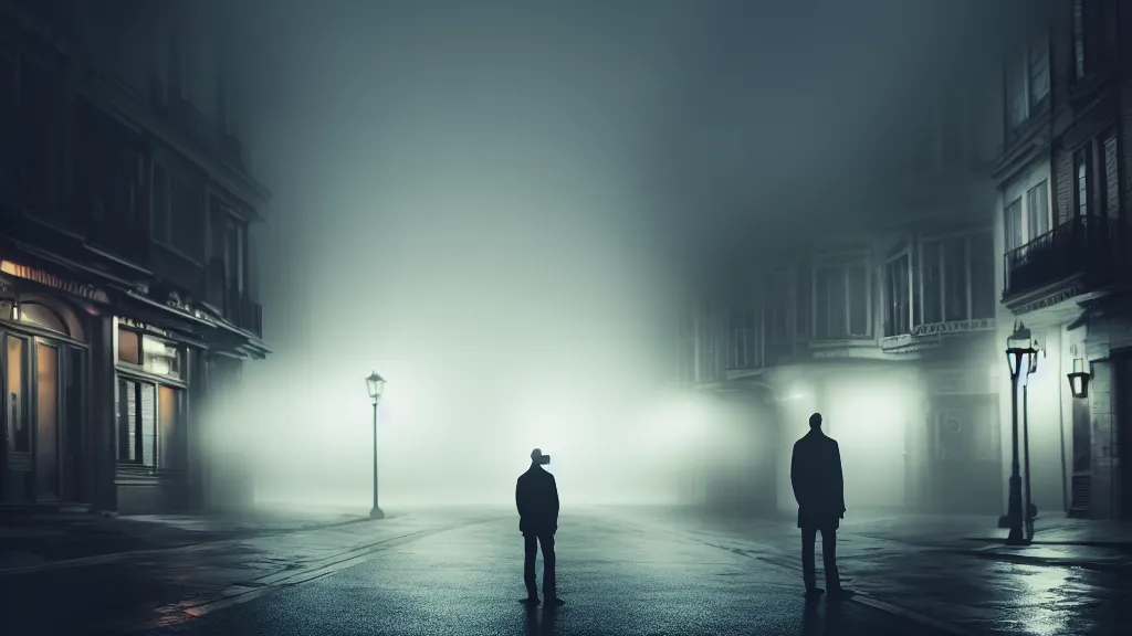 Image similar to a close portrait of a man with a street in the background, fog, volumetric lighting, mystique, atmospheric, sharp focus, ultra detailed, noir art house, 4 k, cinematic, 3 5 mm