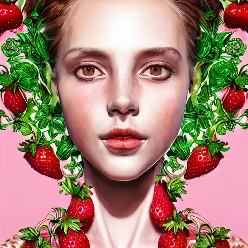 Image similar to the portrait of an absurdly beautiful, graceful, elegant, young woman made of strawberries and green petals, an ultrafine hyperrealistic detailed illustration by kim jung gi, irakli nadar, intricate linework, bright colors, octopath traveler, final fantasy, angular, unreal engine 5 highly rendered, global illumination, radiant light, detailed and intricate environment