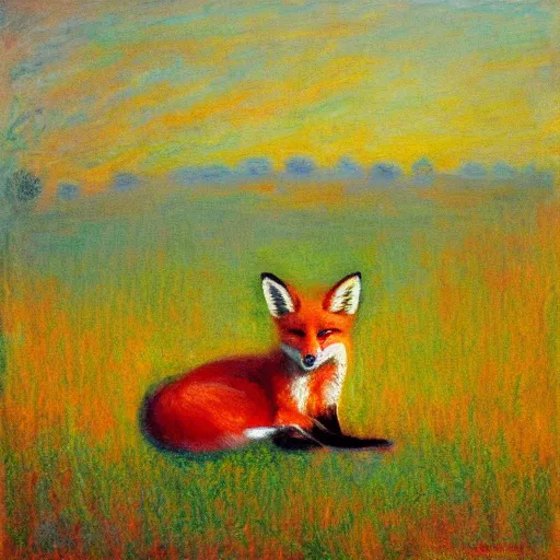 Prompt: a painting of a fox sitting in a field at sunrise in the style of claude monet