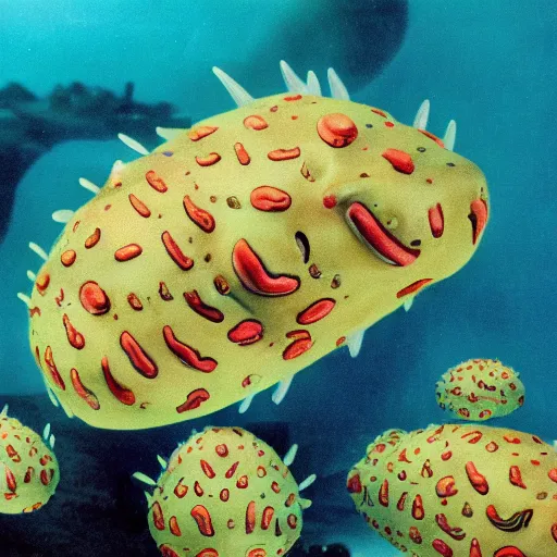 Prompt: photo of a blobfishnudibranch kaiju being escorted by a fleet of zeppelins, cinematic 3 5 mm film grain vhs copy