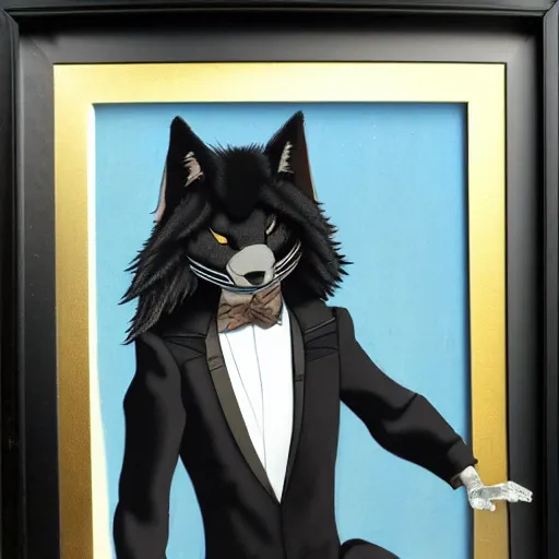 Prompt: male anthro black fox furry fursona with a mullet in a spanish style tuxedo, 1 9 7 0 s framed photograph, painted by riley moreau