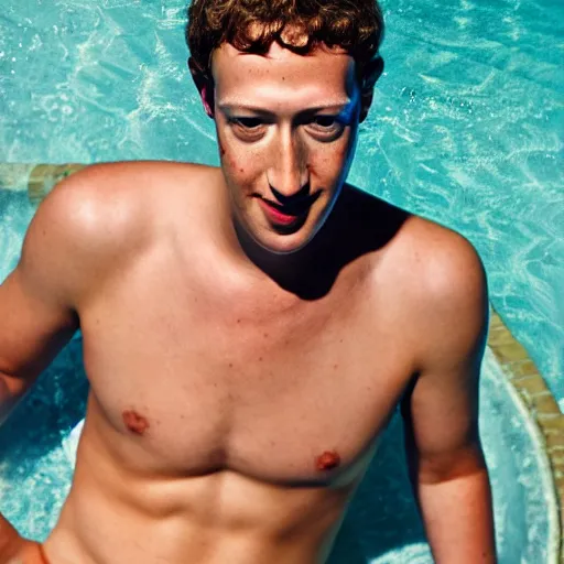 Image similar to Photo of Mark Zuckerberg in swimsuit, soft studio lighting, photo taken by Martin Schoeller for Abercrombie and Fitch, award-winning photo, 24mm f/1.4