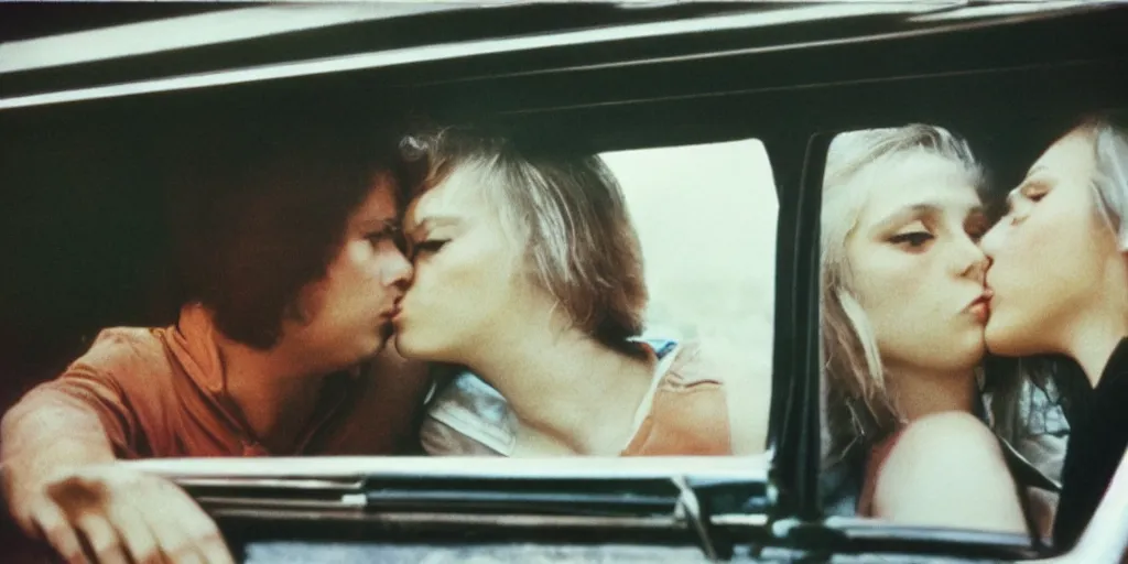 Image similar to 1 9 7 0 s car window closeup, young man and woman kissing in the back seat closeup, coloured film photography, view from below, elliott erwitt photography