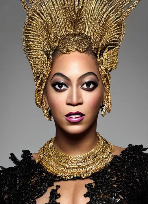 Prompt: photograph of beyonce styled by nick knight posing, intricate headpiece, showstudio, face close up, vogue magazine, 2 0 2 0, canon, highly realistic. high resolution. highly detailed. dramatic. 8 k. 4 k. zeiss lens, canon eos, cinematic lighting, photography, film still