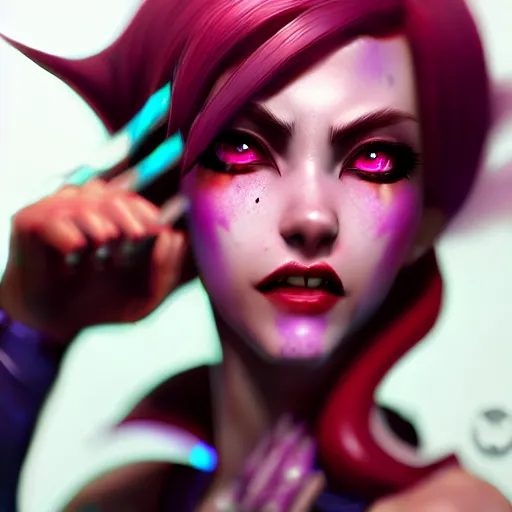 Prompt: Portrait of jinx from league of legends, anger, mystery, fear, highly detailed, beautiful, ominous vibe, smoke, octane render, cgsociety, artstation, trending on ArtStation, by Marie Magny