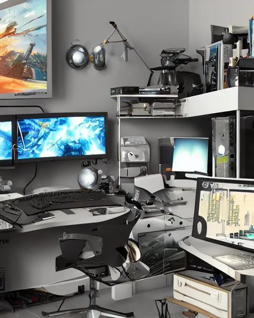 Prompt: scifi scene of a complex computer workstation in a small studio apartment room, many monitors, many electronics, very detailed, maximalism, unreal engine, hyper realism, realistic shading, cinematic composition, realistic render, octane render, detailed textures, photorealistic, by doug chiang, wide shot