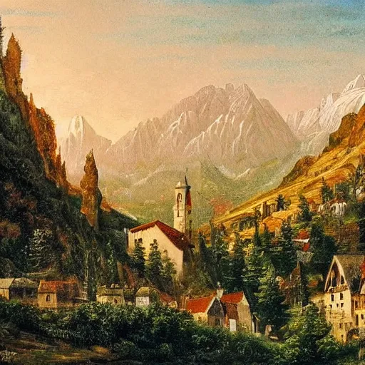 Prompt: Small city with Alps mountainscape behind it, romanticism painting, highly detailed, trending