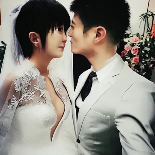 Image similar to saitama one punch man instagram couple's wedding photo shoot, closeup photo