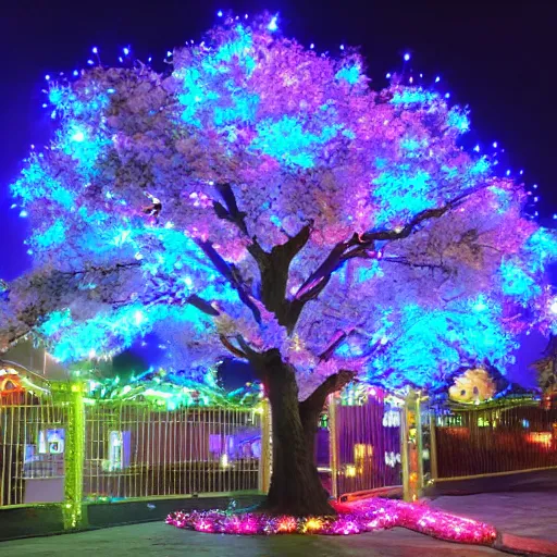 Image similar to beautiful anime tree at night with lots of lights and a tori gate