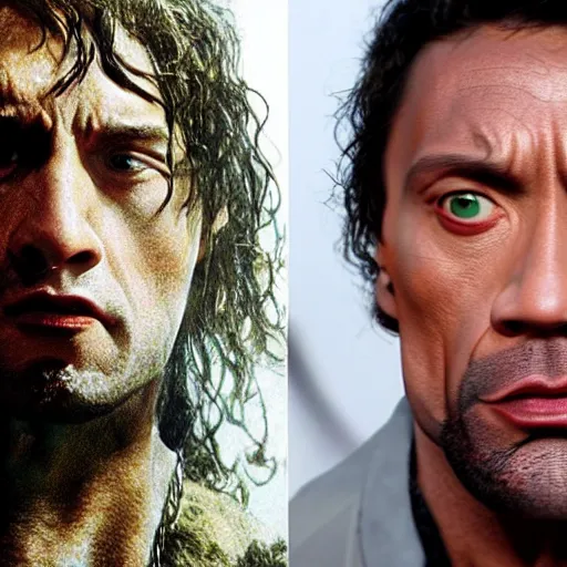 Image similar to the rock as a hobbit from lord of the rings, the rock in lotr, lord of the rings, the rock is short, Dwayne the hobbit johnson, the rock as frodo, 8k, high res, photo realistic