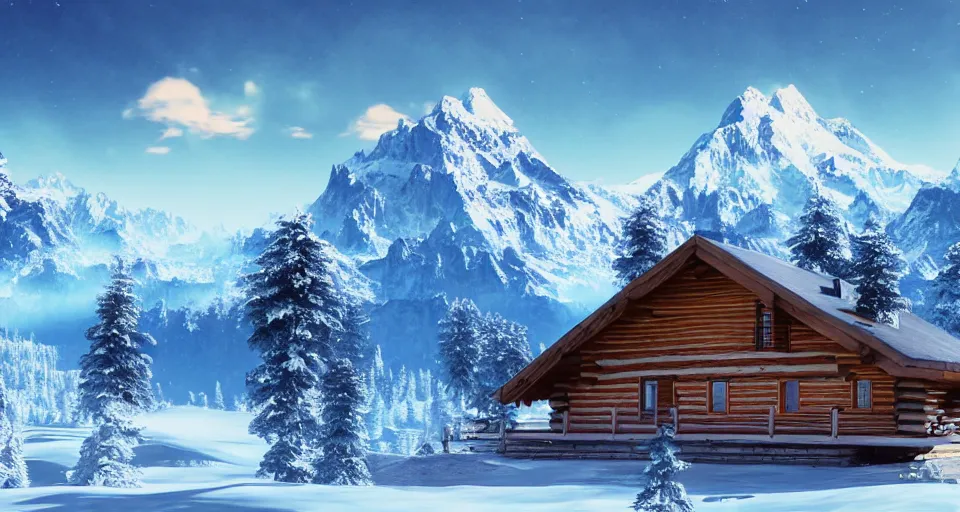 Image similar to log cabin beneath the alps, vaporwave aesthetic, matte painting 4 k