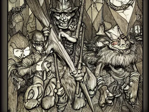 Image similar to goblins in an art gallery by arthur rackham and Tony DiTerlizzi, trending on artstation, detailed