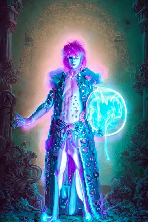 Image similar to photo of full-body rococo and cyberpunk delicate neon crystalline sculpture of ((handsome muscular onyx albino prince Joe Jonas)) as an blue iridescent humanoid deity wearing ((peach plastic hooded cloak)) (holding an onyx skull) in a onyx castle dungeon, reclining, glowing pink face, crown of (pink lasers), large blue diamonds, swirling black silk fabric. futuristic elements. oozing glowing liquid, full-length view. space robots. intricate artwork by caravaggio. Trending on artstation, octane render, cinematic lighting from the right, hyper realism, photorealistic, octane render, 8k, depth of field, 3D