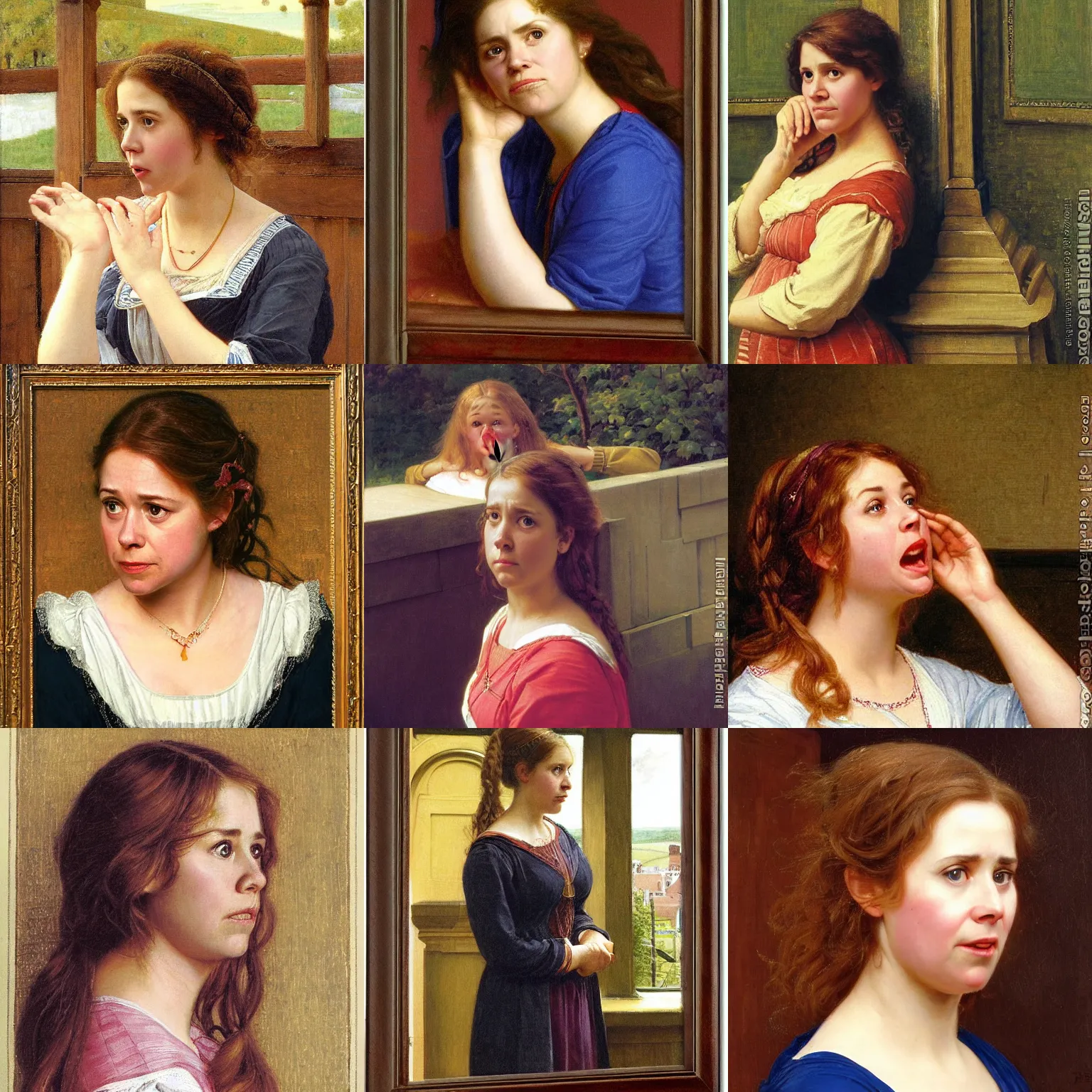 Prompt: pam beesly with a shocked expression, pulling her hair, by edmund blair leighton