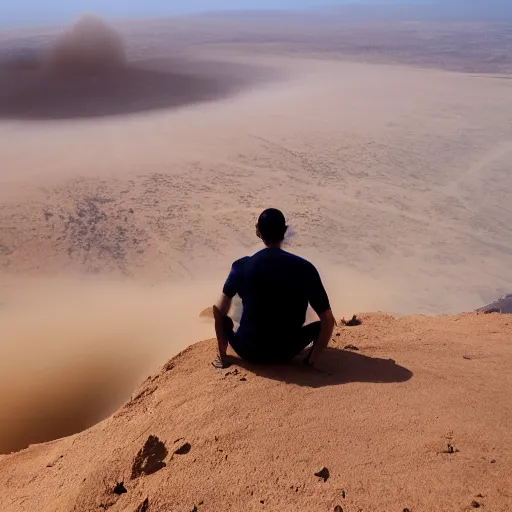 Image similar to man sitting on top peak mountain looking at huge vast sandstorm dust tornado desert