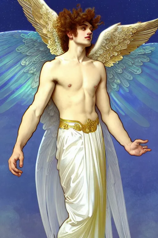 Prompt: fullbody portrait of a beautiful young fit male angel with curly blond hairs, soft smile, closed eyes, blessing palms, dressed in long fluent skirt, majestic symmetrical eagle wings, luminous halo, by greg rutkowski and alphonse mucha, gradient white to gold, in front of an iridescent background, highly detailed portrait, digital painting, smooth illustration