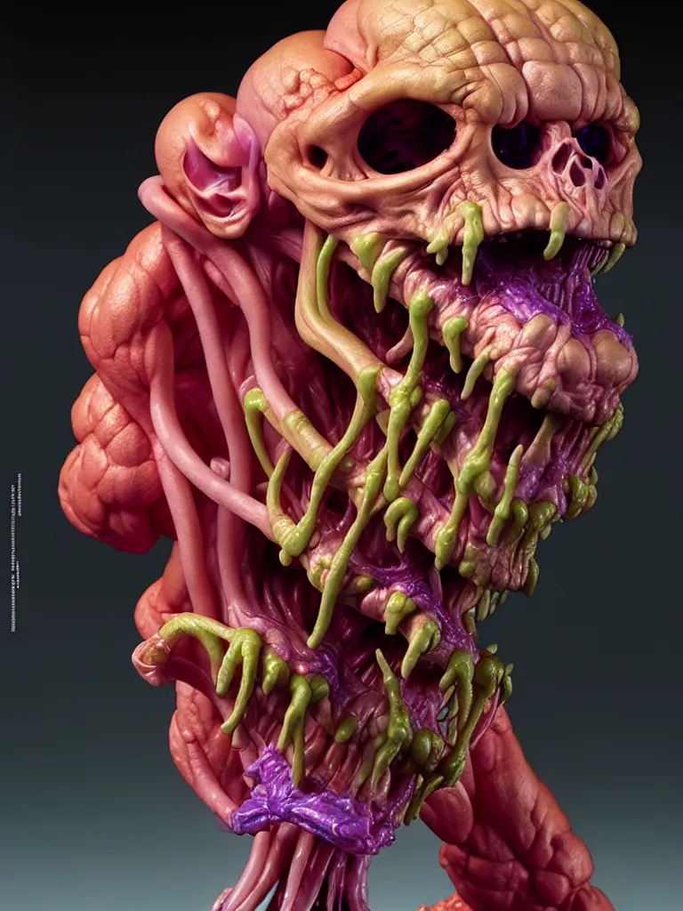 Image similar to hyperrealistic rendering, fat smooth cronenberg flesh monster skeletor by donato giancola and greg rutkowski and wayne barlow and zdzisław beksinski, product photography, action figure, sofubi, studio lighting, colored gels