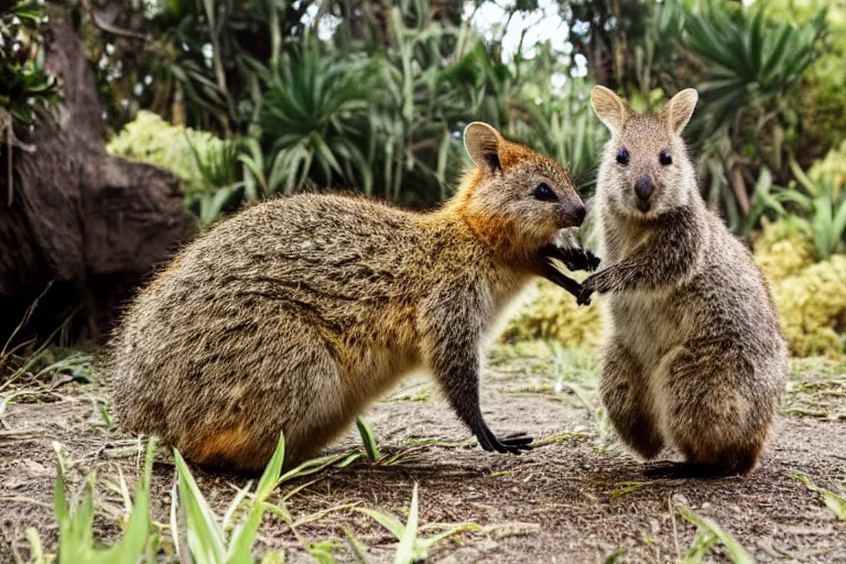 Prompt: “a quokka and wallaby smiling and hugging each other, nature photography”