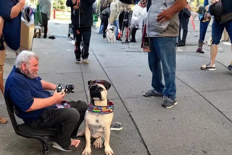 Prompt: Buddy the graying middle aged homeless man playing xbox and petting an english bulldog wearing a crown, dog wearing a crown, humans of new york