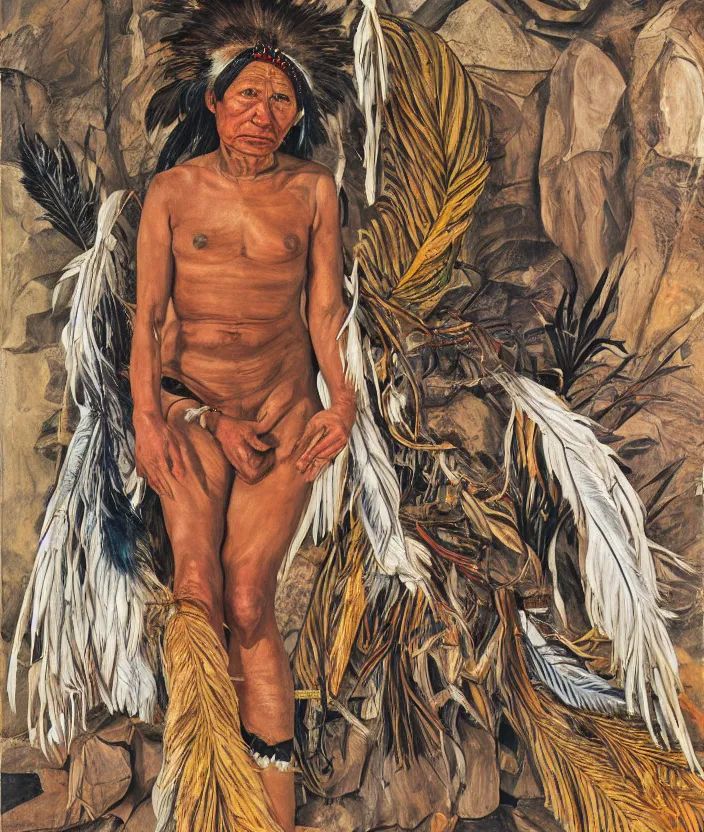 Prompt: full body shot picture of indigenous people young slim fit woman leader in canyon, painted by lucian freud, beautiful feathers, hd, super detailed, realistic