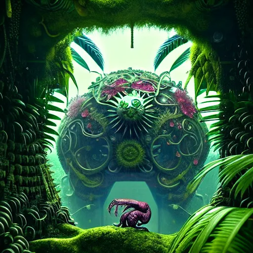 Prompt: creature / machine in a lush tropical vegetation, snow, fractal : : by michal karcz, daniel merriam, victo ngai and guillermo del toro : : ornate, dynamic, particulate, intricate, elegant, highly detailed, centered, artstation, smooth, sharp focus, octane render, 3 d