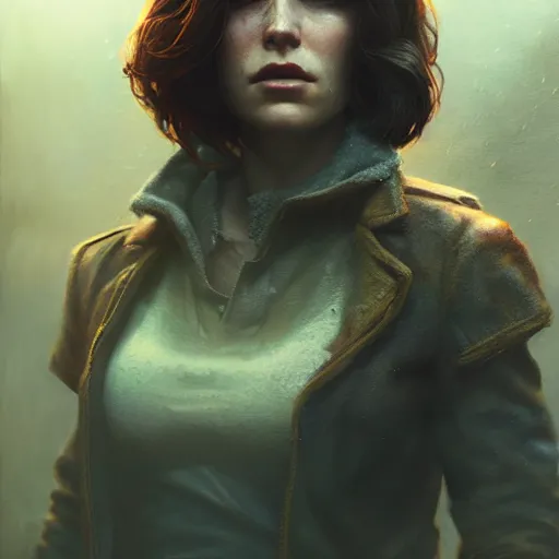 Image similar to fallout 5, charismatic brunette female protagonist, portrait, atmospheric lighting, painted, intricate, volumetric lighting, beautiful, daytime, sunny weather, slight overcast, sharp focus, deep colours, ultra detailed, by leesha hannigan, ross tran, thierry doizon, kai carpenter, ignacio fernandez rios