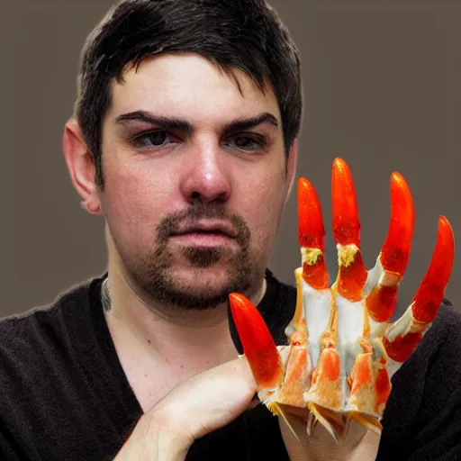 Image similar to a man with crab claws hands