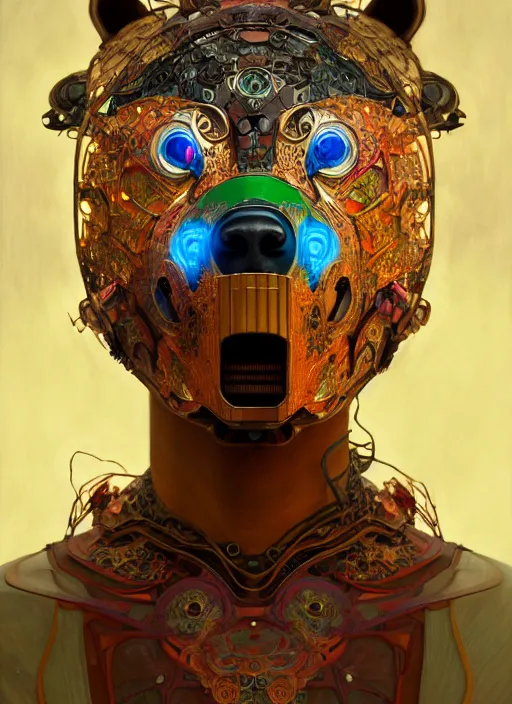 Image similar to organic cyborg, asian brightly coloured bear mask opening, diffuse lighting, fantasy, intricate, elegant, highly detailed, lifelike, photorealistic, digital painting, artstation, illustration, concept art, smooth, sharp focus, art by John Collier and Albert Aublet and Krenz Cushart and Artem Demura and Alphonse Mucha