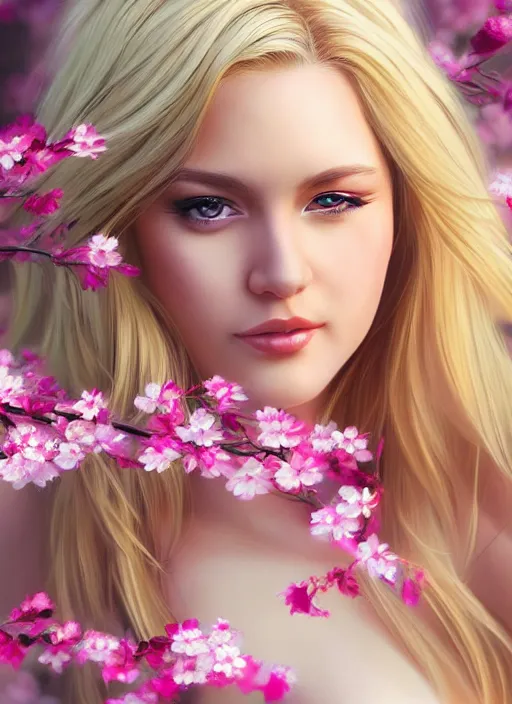 Image similar to photo of a gorgeous blonde female in the style of stefan kostic, realistic, half body shot, sharp focus, 8 k high definition, insanely detailed, intricate, elegant, art by stanley lau and artgerm, extreme blur cherry blossoms background