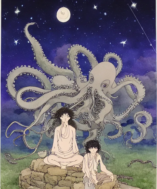 Image similar to a hyperrealist studio ghibli watercolor fantasy concept art. in the foreground is a giant long haired grey octopus sitting in lotus position on top of stonehenge with shooting stars all over the sky in the background. by rebecca guay, michael kaluta, charles vess