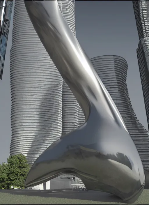 Image similar to highly detailed architecture render of a huge high futuristic metallic stele sculpture in zaha hadid style standing in city park, archdaily, made in unreal engine 4