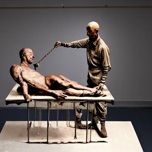 Image similar to hyperrealistic sculpture of a fossilized bronze chinese prisoner on an operating table in a cage on a pedestal, surrounded by surgeons, by duane hanson and lee bontecou and giacometti, patina, hyperrealistic dramatic colored lighting trending on artstation 8 k