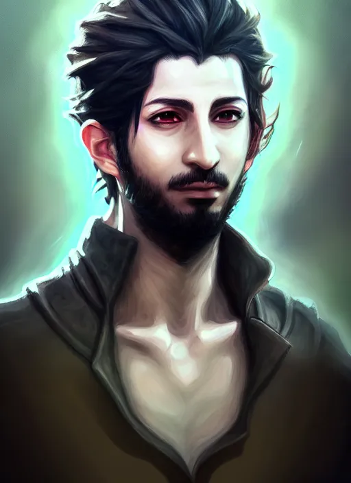 Image similar to a portrait of emad on ama an ultrafine detailed painting, detailed painting, detailed eyes!!, final fantasy octopath traveler lovecraft ghibly