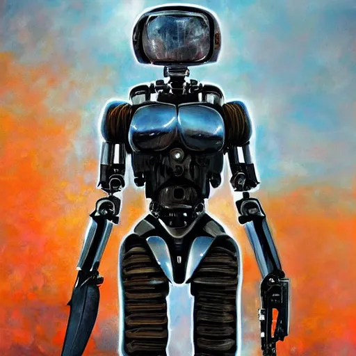 Prompt: a hyperrealistic magnificent robot holding a powerful sword, terminator, Terminator: Dark Fate, most beautiful image ever created, emotionally evocative, greatest art ever made, lifetime achievement magnum opus masterpiece, the most amazing breathtaking image with the deepest message ever painted, a thing of beauty beyond imagination or words