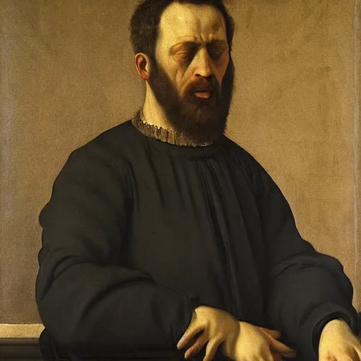 Prompt: Mannerism painting portrait of a scared man. Sadness, fear, and anxiety, by Agnolo Bronzino